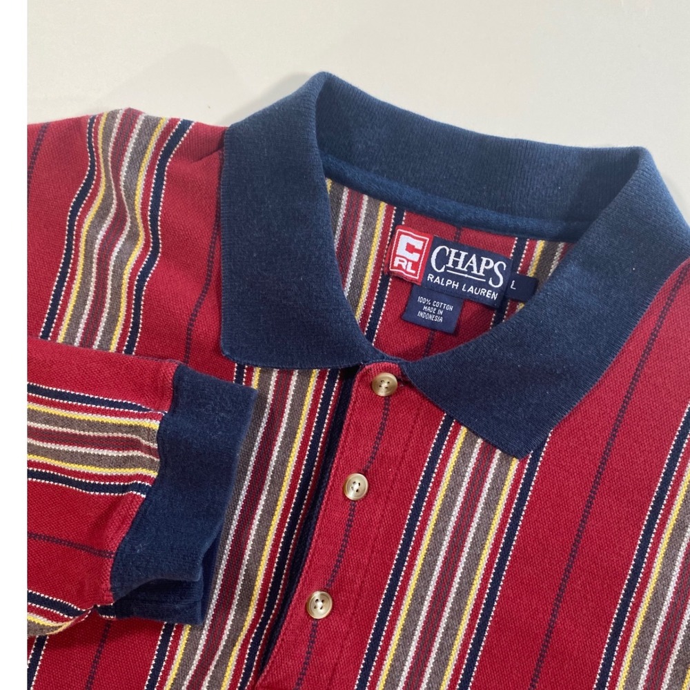 Chaps Ralph Lauren Mens Large Long Sleeve Striped Polo Shirt Red Navy Cotton